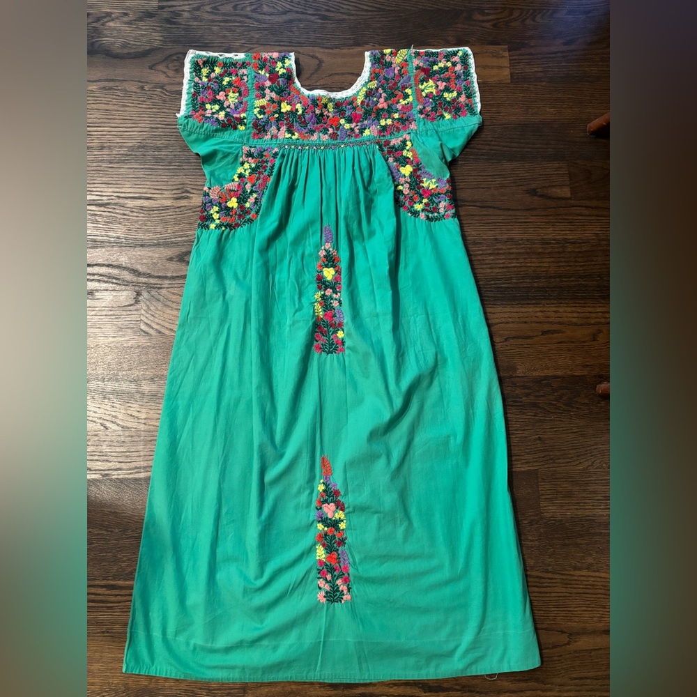 Vtg Mexican Oaxacan Huipil Wedding Fiesta Embroidered Dress Green Fits XS S
